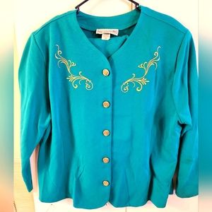 Pablo collection green skirt and jacket set with gold embellishments